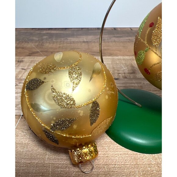 Set Of 3 Gold Glass Christmas Ornaments With Glittery Leaf & Berry Design - Picture 3 of 4